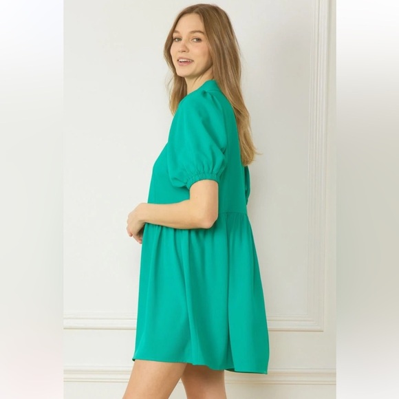 ENTRO Kelly Green Babydoll Style Collared Puff Sleeve Dress Pearl Snap - Picture 7 of 11
